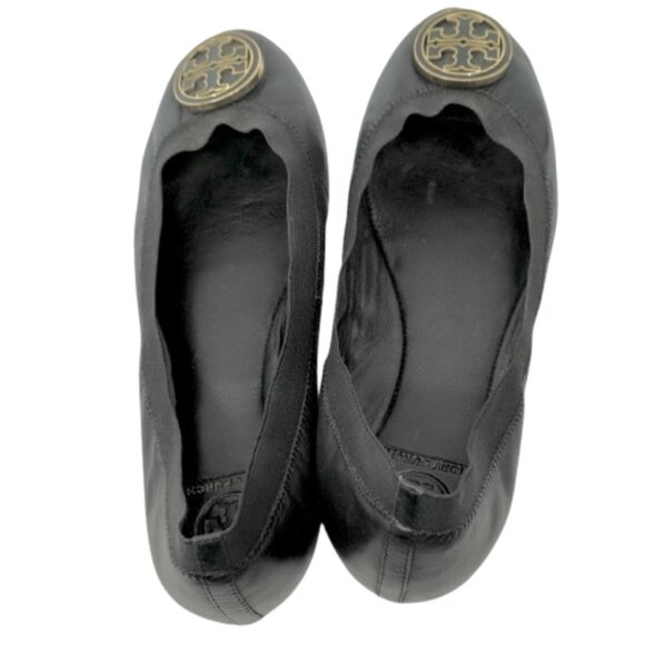 TORY BURCH~Caroline~BLACK LEATHER BALLET FLATS GOLD REVA LOGO SHOES  SZ 10 - Picture 7 of 7